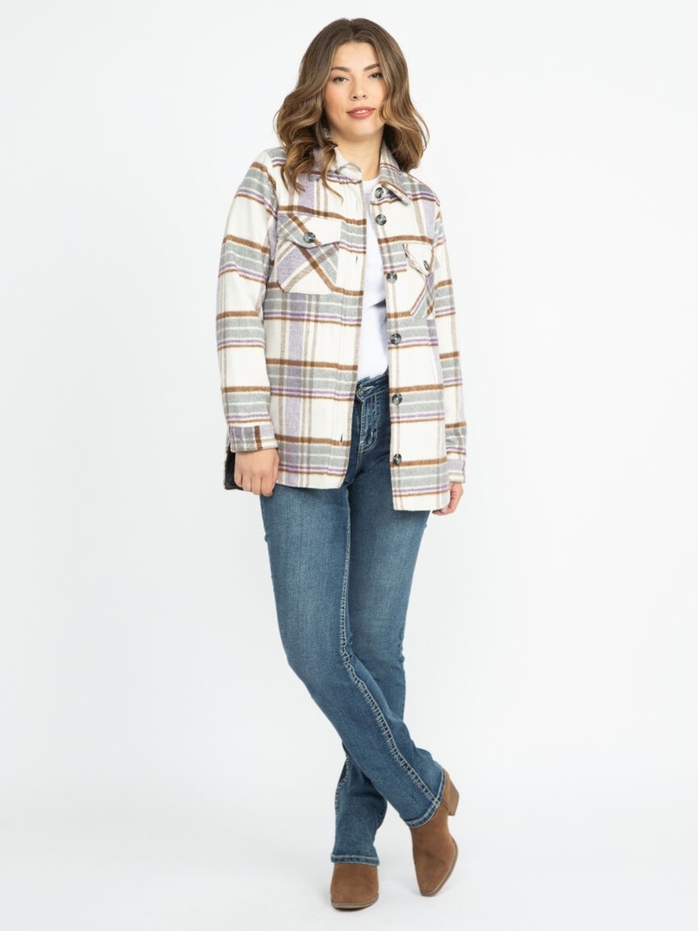 Plaid Button-Front Shacket Jacket - Picture 2 of 7